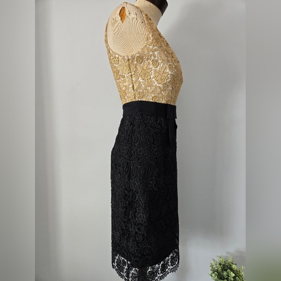 MILLY OF NEW YORK Gold and Black Lace Midi Dress with Waist Bow. Size 4 - Picture 6 of 16